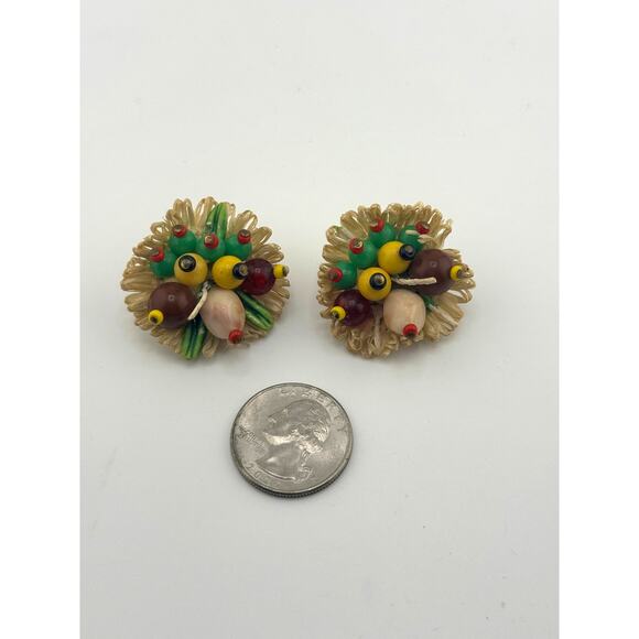 VTG Made In West Germany Burst Cluster Fruit Vegetable Flower Clip On Earrings - Picture 9 of 9